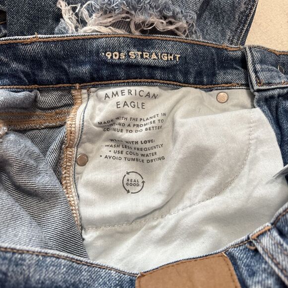AMERICAN EAGLE Blue Distressed Strigid 90s Straight Leg Jeans Sz 4 - Picture 11 of 12